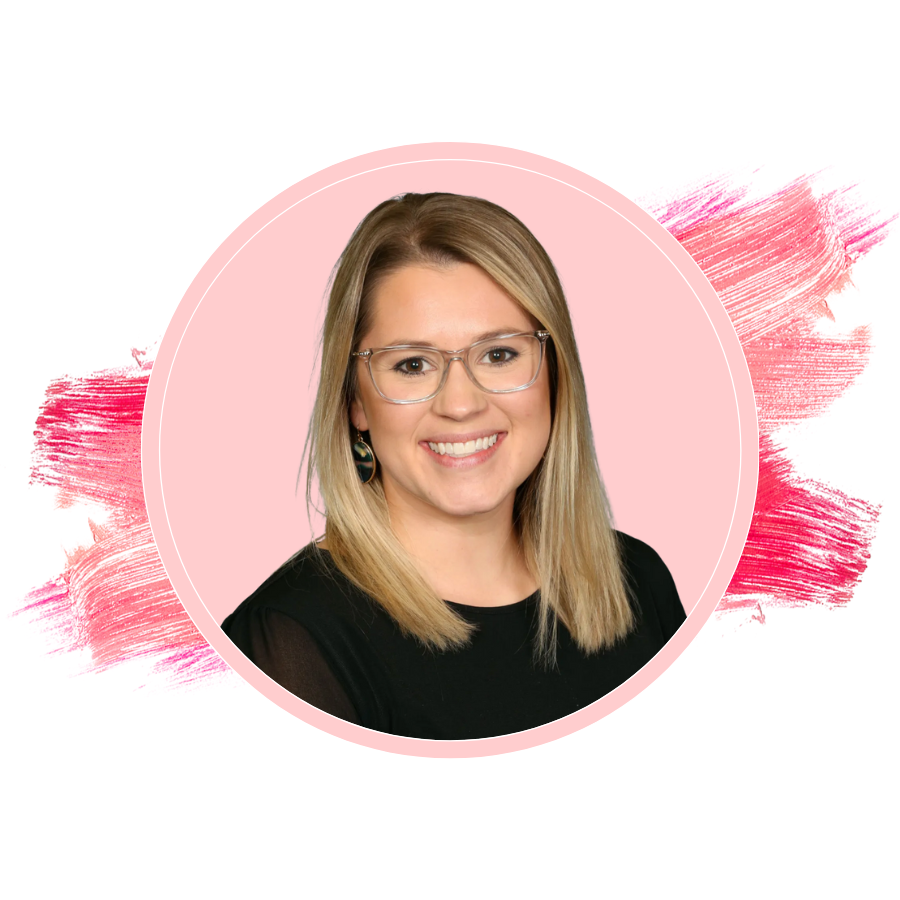 A pink circle with author Abbey Breckling's headshot.